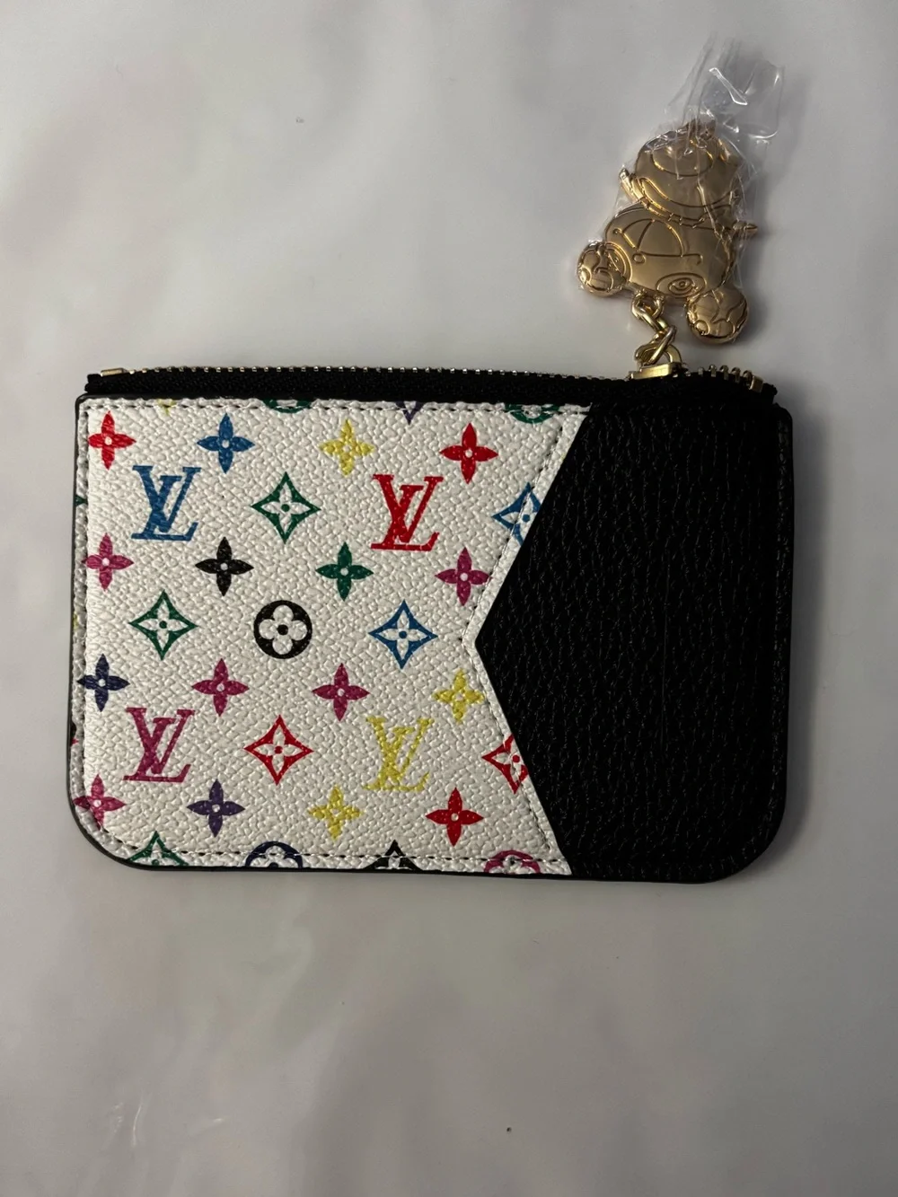 Brand New !!  Multicolor Monogram Card Pouch - White & Black with Gold Charm